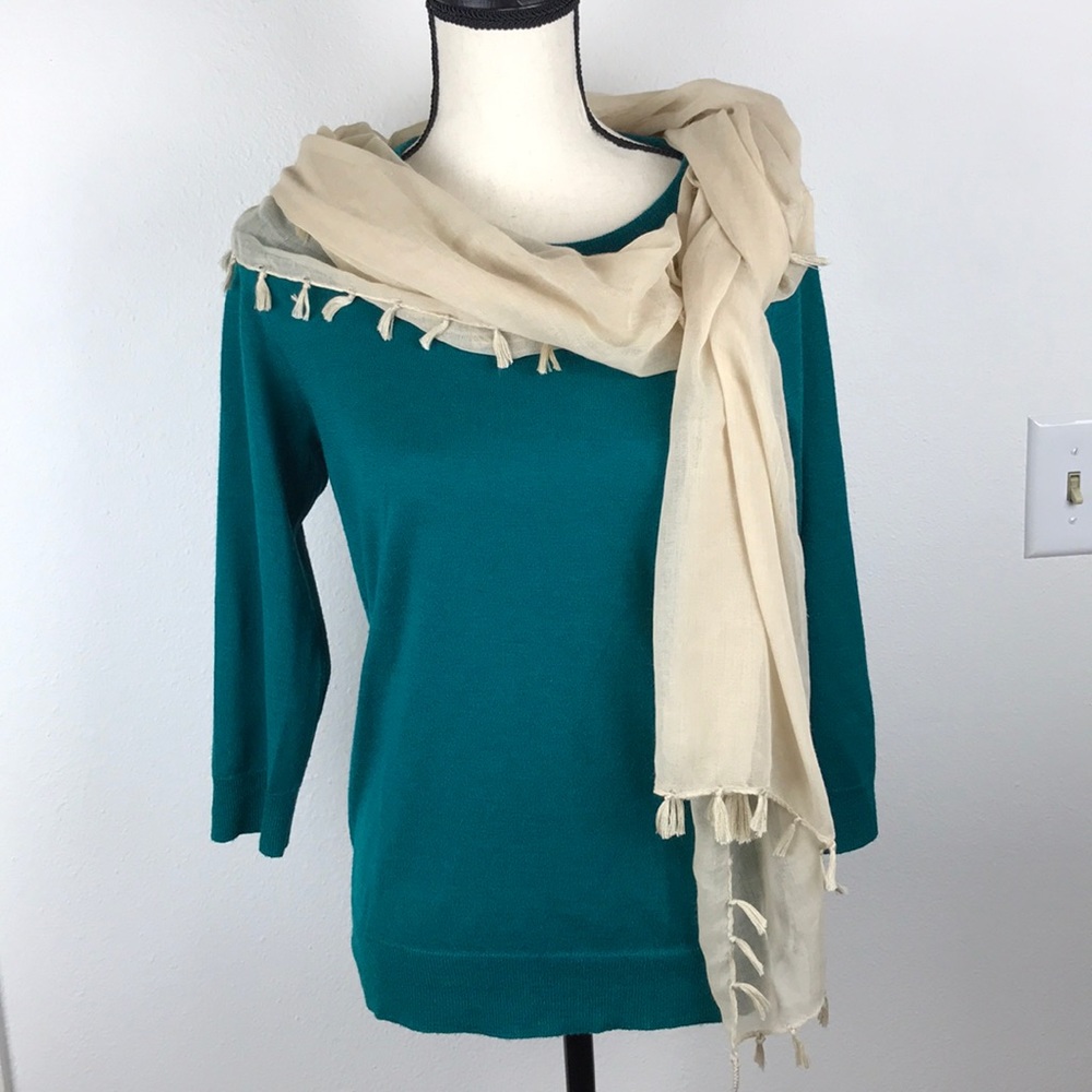 J Crew Wool Teal 3/4 Sleeves Sweater